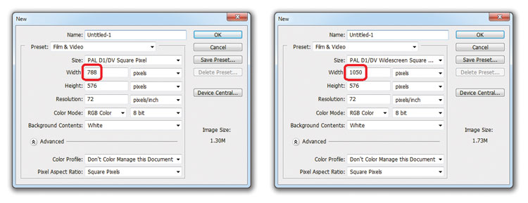 Встроенные в Adobe Photoshop CS4 пресеты с соотношением сторон 4.1:3 и 16.4:9 для получения целого кадра 720x576 с соблюдением правильных пропорций.